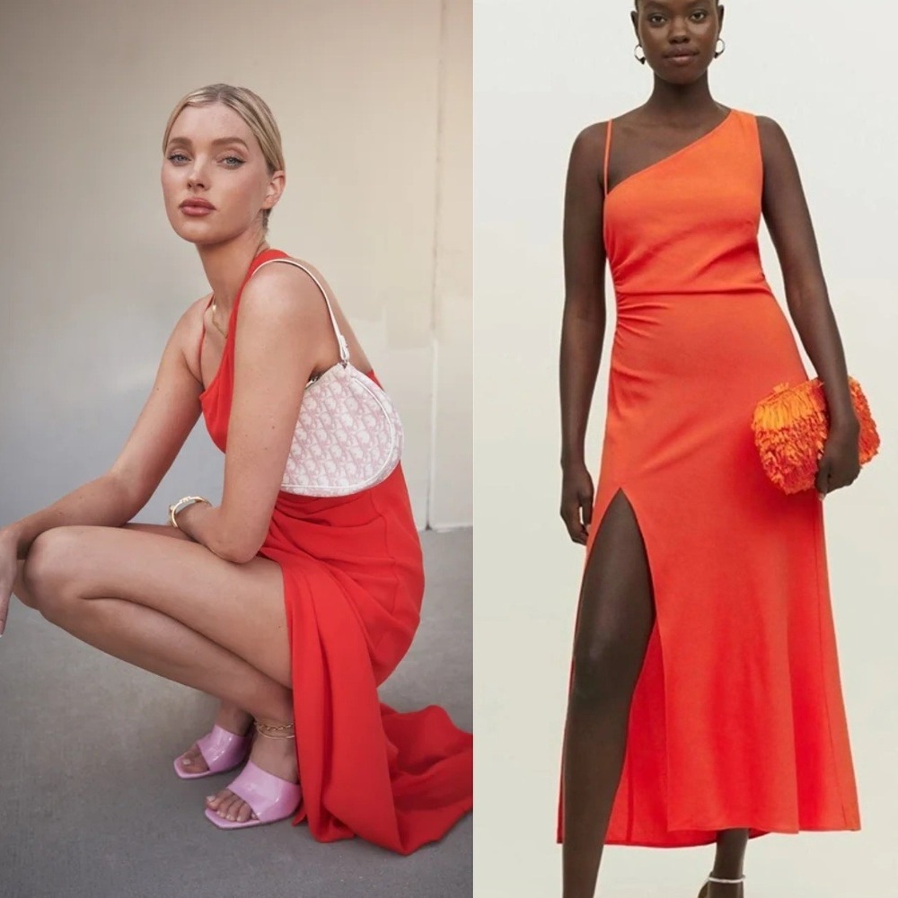 Reformation |‎ Amani Asymmetrical Sleeve Midi Dress in Hot Day Orange